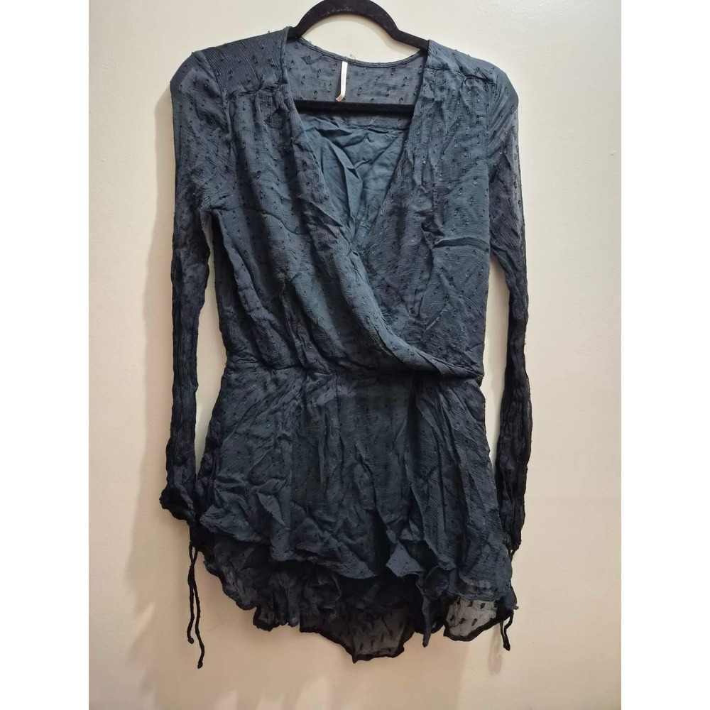 Free People Dahlia Mini Dress Black Swiss Dot Wrap V-Neck Long Sleeve XS